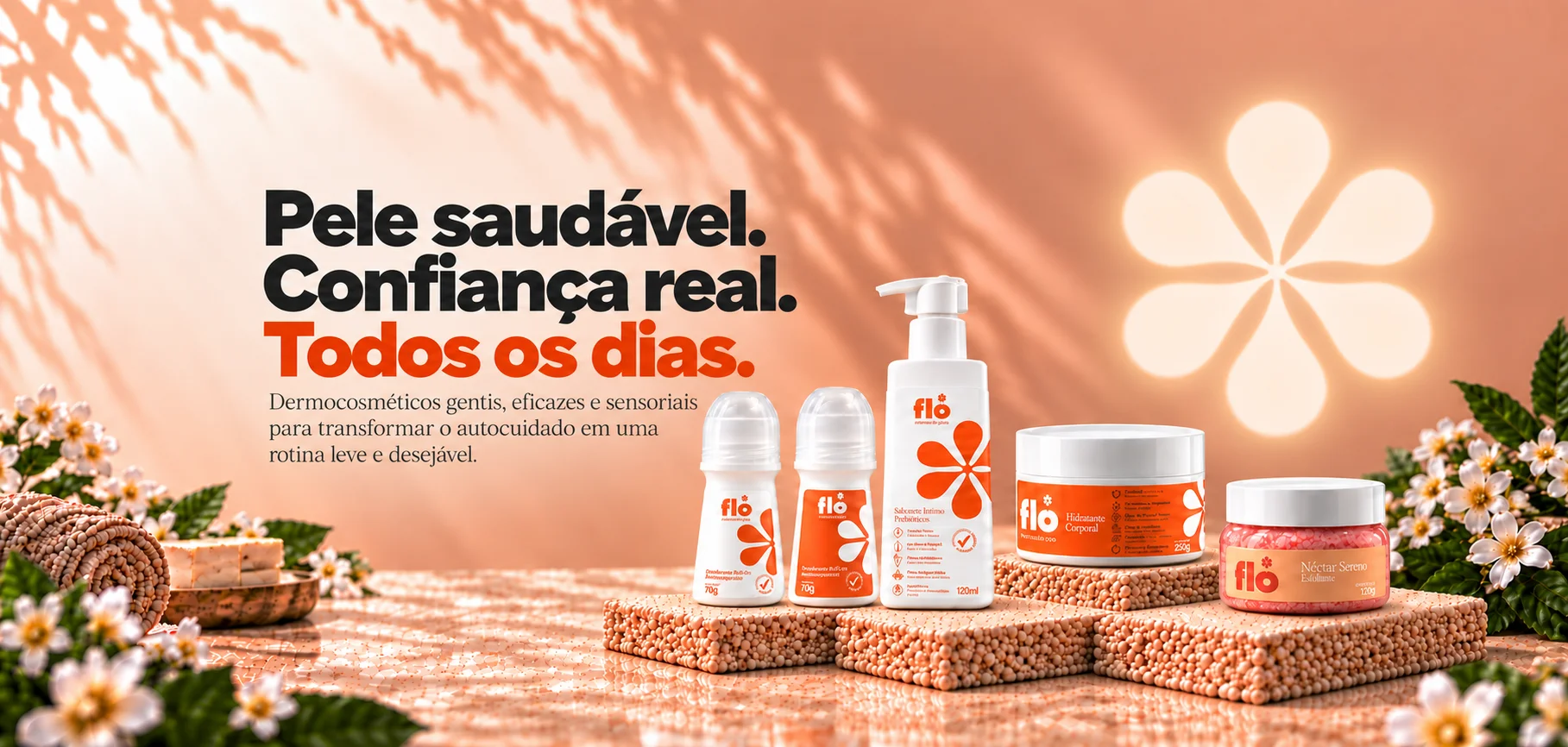 Pele saudável. Confiança real. Todos os dias. Dermocosméticos gentis, eficazes e sensoriais: desodorantes, sabonete íntimo, hidratante e néctar Flô entre flores.